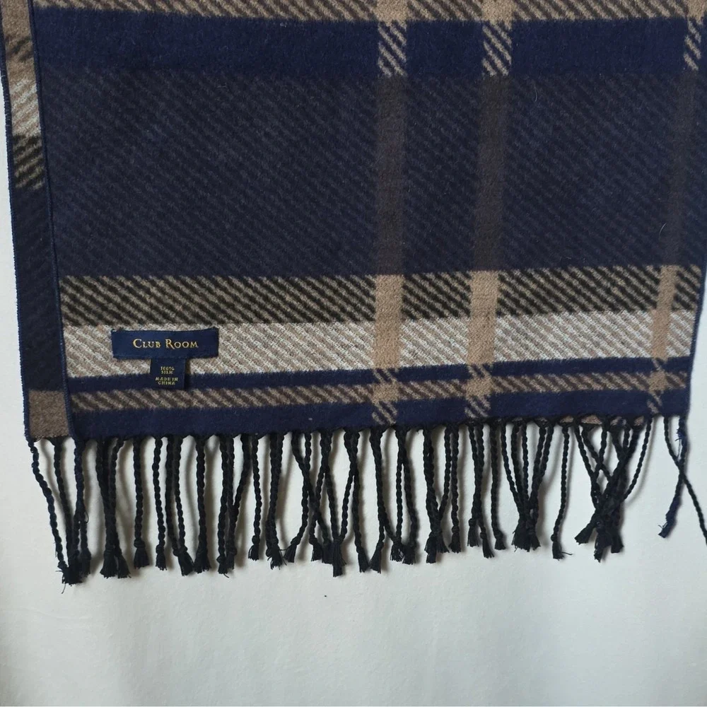 Club Room Men's 100% Silk Plaid Rectangle Scarf w/ Fringe Blue Tan Black